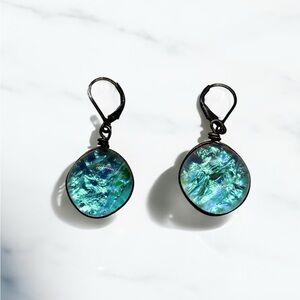 Artisan Made Boho Dangle Earrings Round Blue Green Resin Glass Silver Leverback